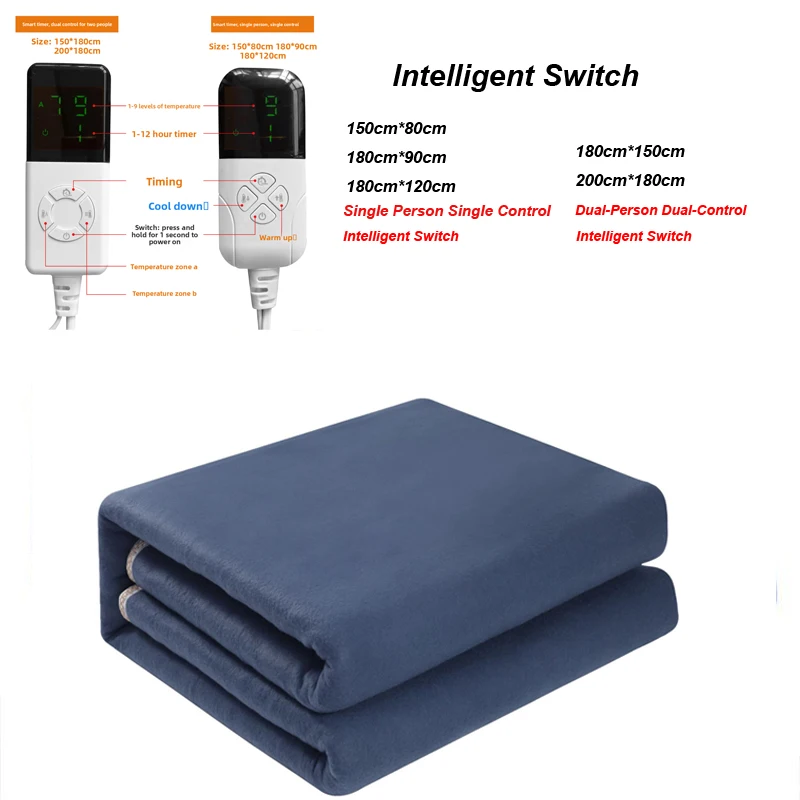Manta calefactora de felpa azul sólido con enchufe de la UE del Reino Unido, manta calefactora eléctrica a prueba de humedad de tamaño doble individual con certificación de seguridad