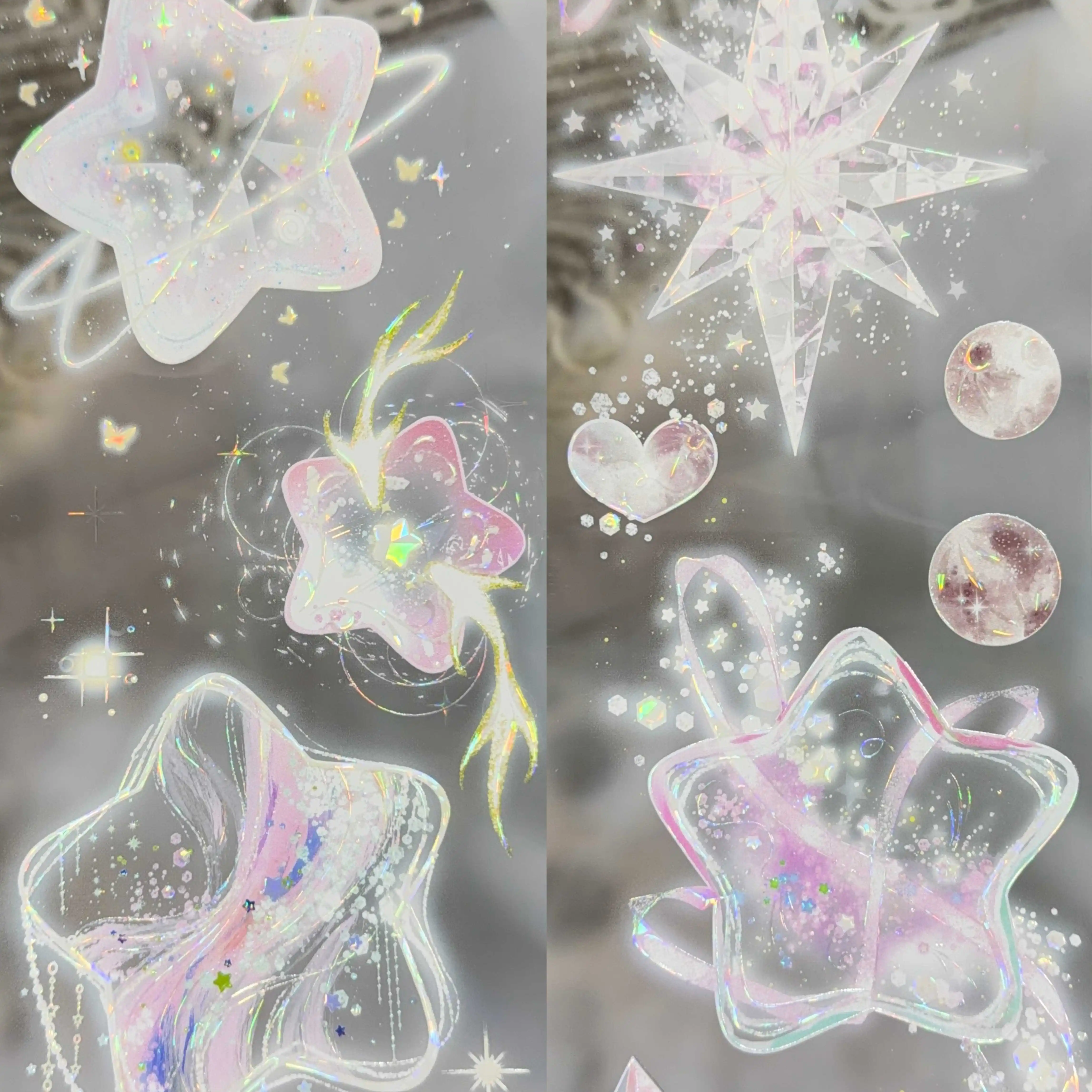 

Celestial Sparkle Iridescent Nebula Pet Tape Shell Shiny Cute Character Collage DIY Cards