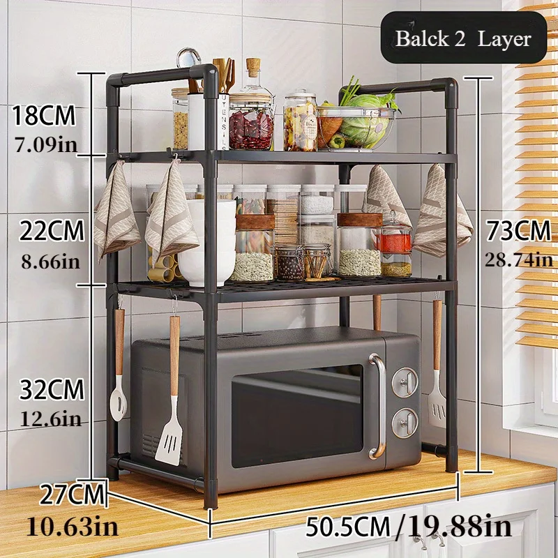 Custom.Multi-Layer Adjustable Metal Microwave Stand With Hooks - Heavy Duty Utility Storage Organizer, Floor Standing Kitchen Sh