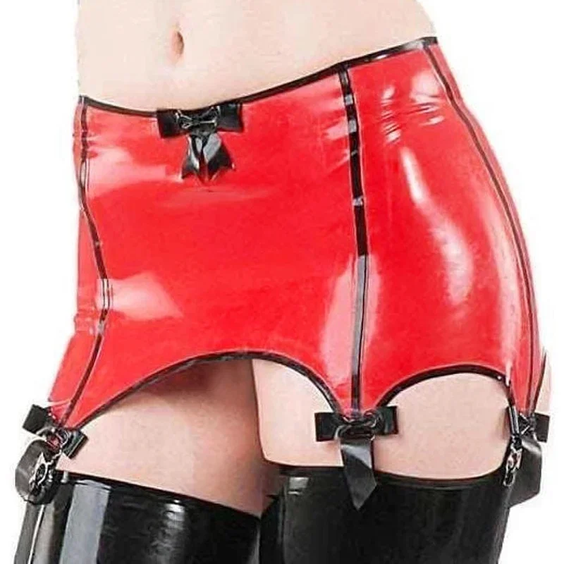 

Red and Black Sexy Middle Waist Latex Skirts with Garters Rubber Stockings Bows Stripes