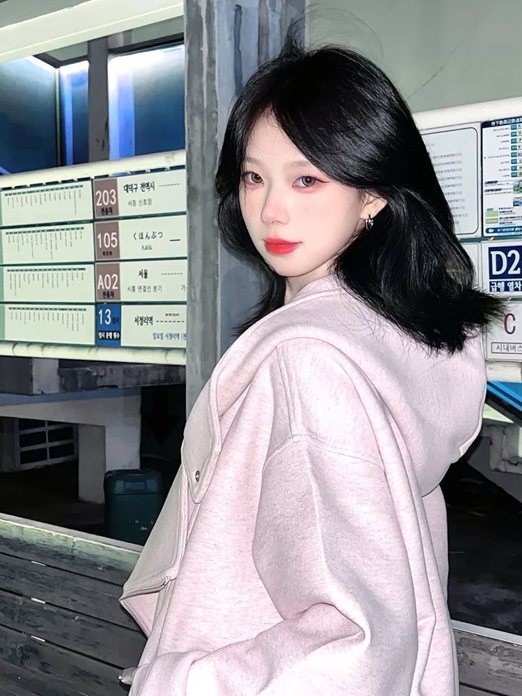 Chaqueta con capucha de algodón puro para mujer, ropa de calle rosa con cremallera, abrigos Vintage de diseño Irregular informal coreano, primavera y otoño