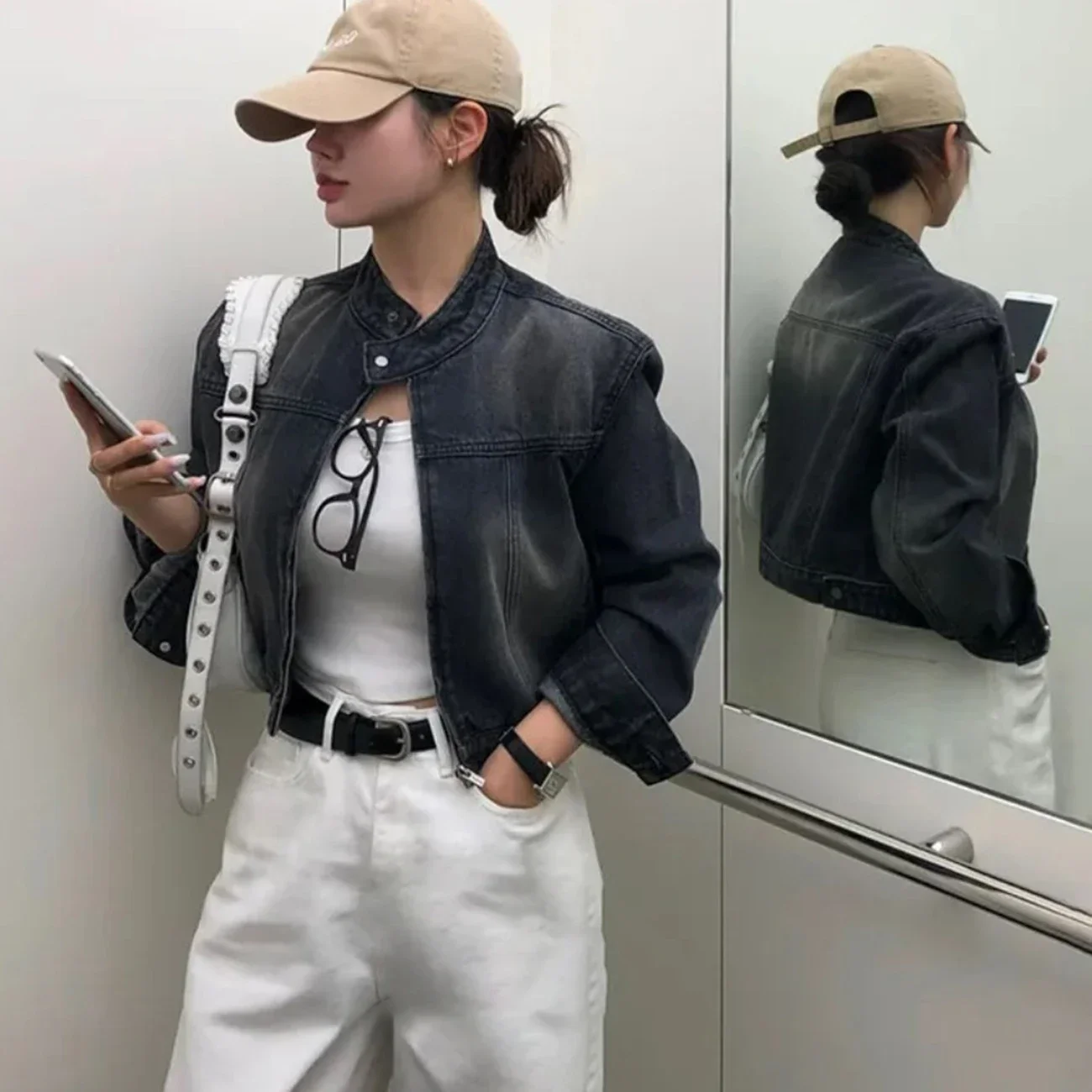 

Autumn Zipper Coats Women Elegant Long Sleeve Short Jackets Female Ladies AI.Fashion Vintage Stand Collar Denim Jackets Women