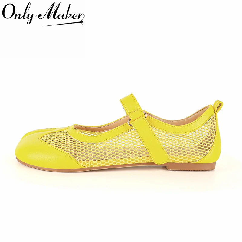 onlymaker-women-yellow-tabi-mesh-split-toe-flats-ballet-strap-retro-elegant-casual-hollow-out-mary-jane-ballet-flats