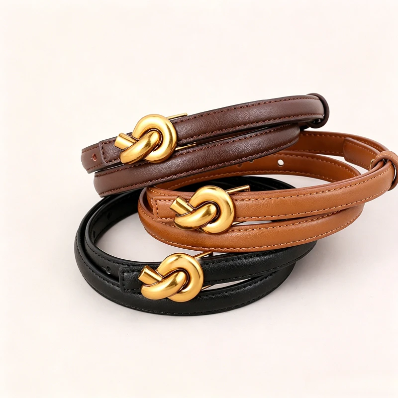 

Women's Genuine Leather Belt Retro Gold Interlocking Metal Buckle Thin Waist Strap for Jeans Pants Skirts Dress Skinny Waistband