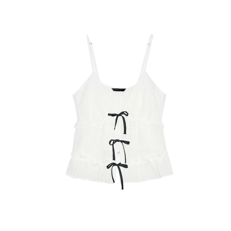 Summer New Women's Ins Sle Layered Decoration Cute Color Blo  Knot Decorated Strap Top Commute Sle ort Lengt...