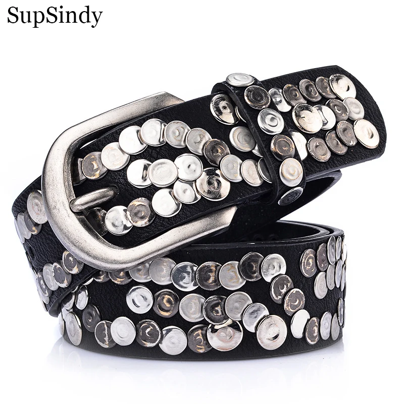 

SupSindy Women Belt Fashion Punk Pin Buckle Vintage Rivets Luxury Lady's Original Leather Belts For Women Jeans Waistband Female