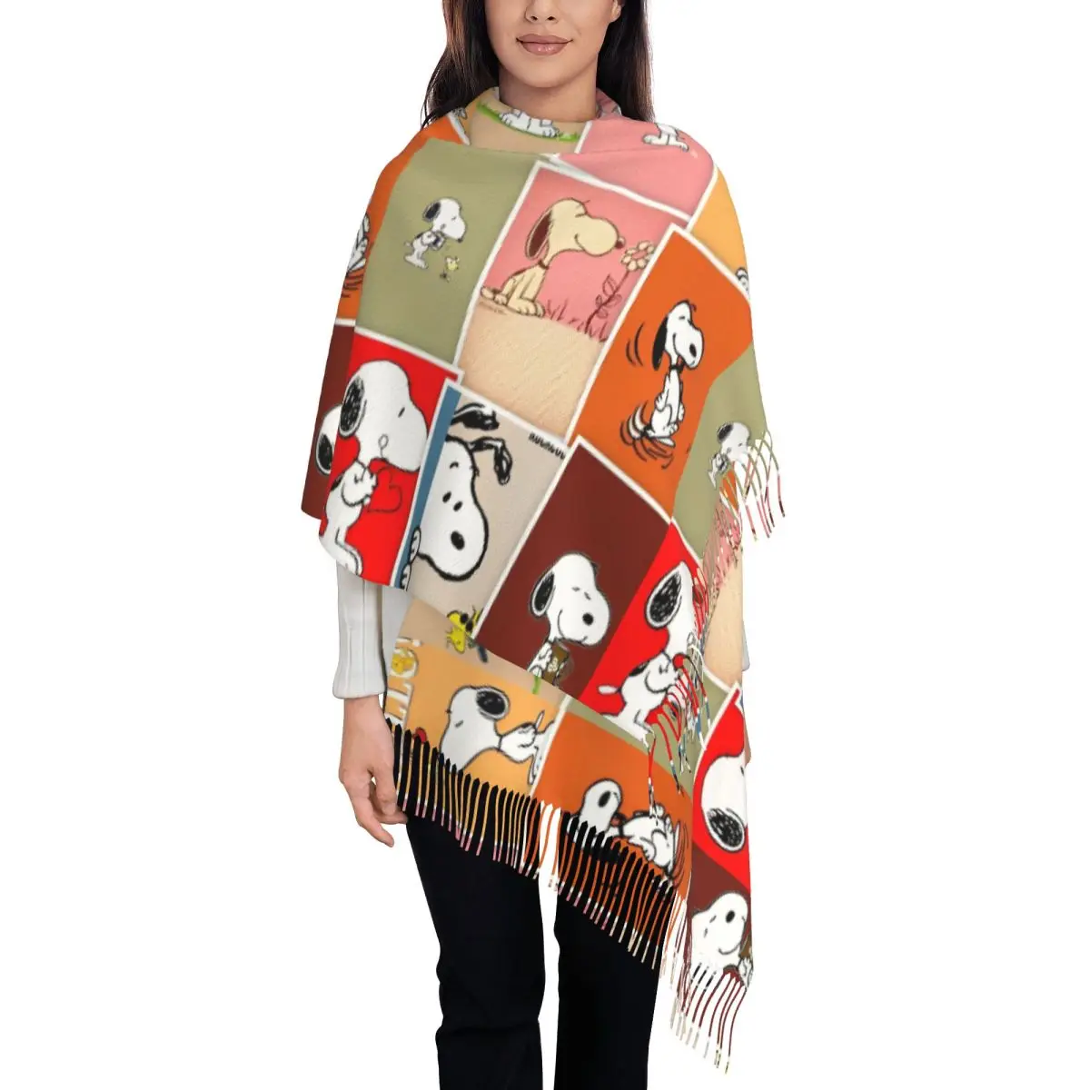 Custom Snoopy Peanuts Collage Scarf with Tassel Warm Soft Shawl Wrap Women Designer Scarves Wraps Winter Popular Foulard