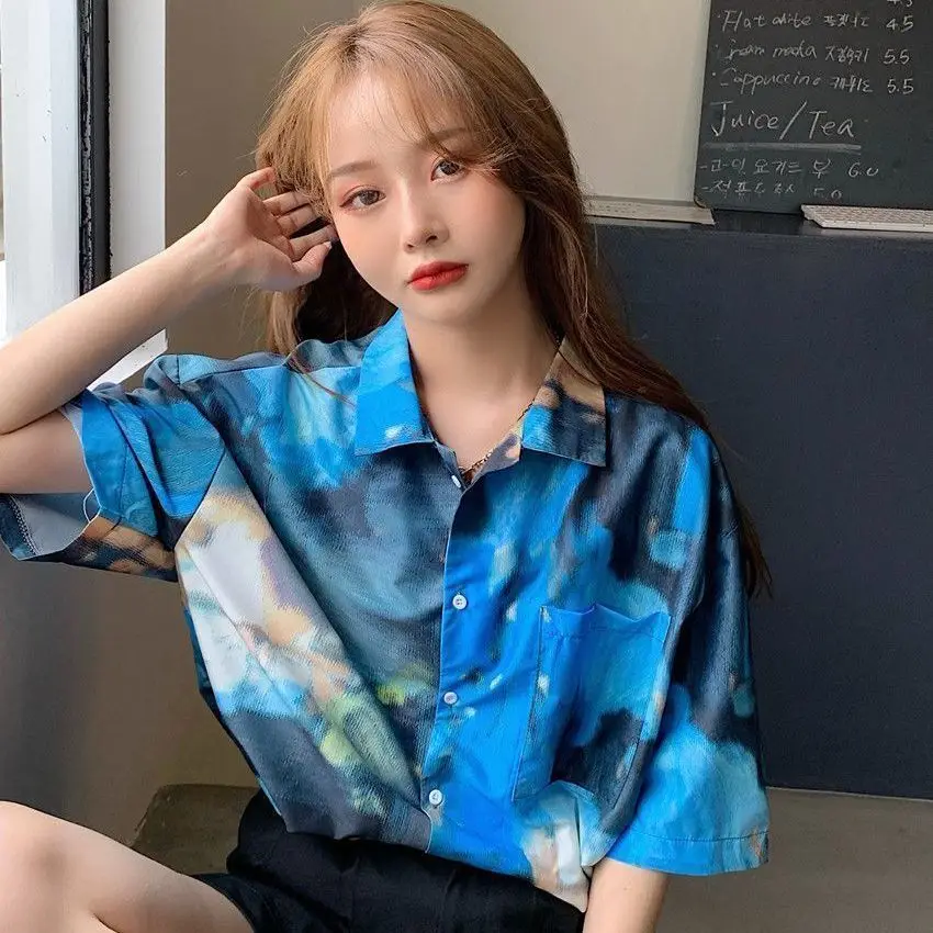 Summer Woman Clothes Chic HongKong Retro Style Thin Loose Fashion Casual Youth Short Sleeve Shirt Patchwork Floral Polo-neck