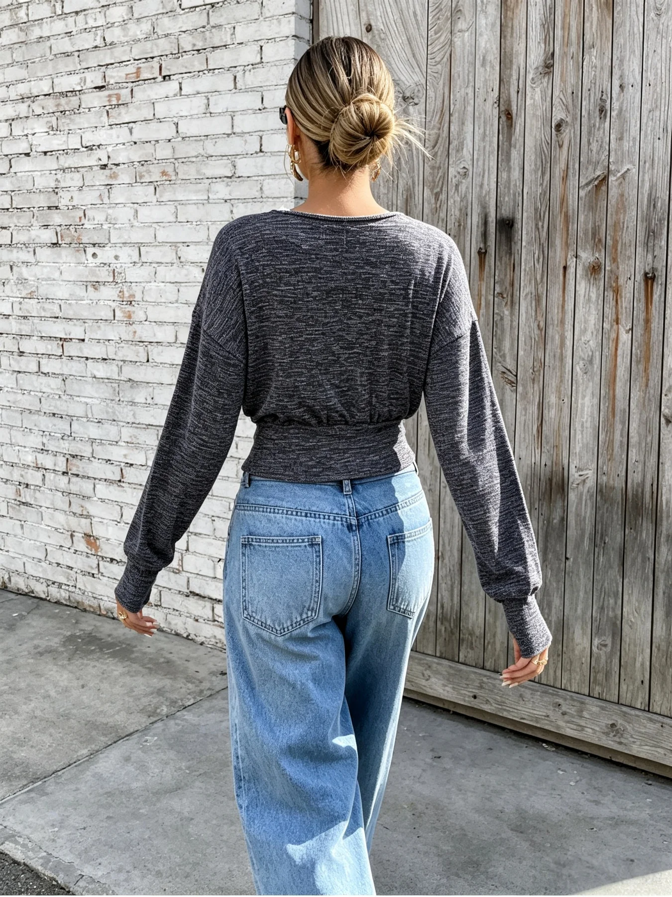 Women Lace Trim V Neck Wrap Long Sleeve Top Elastic Waist Cropped Shirt Casual Loose Fit Knit Blouse