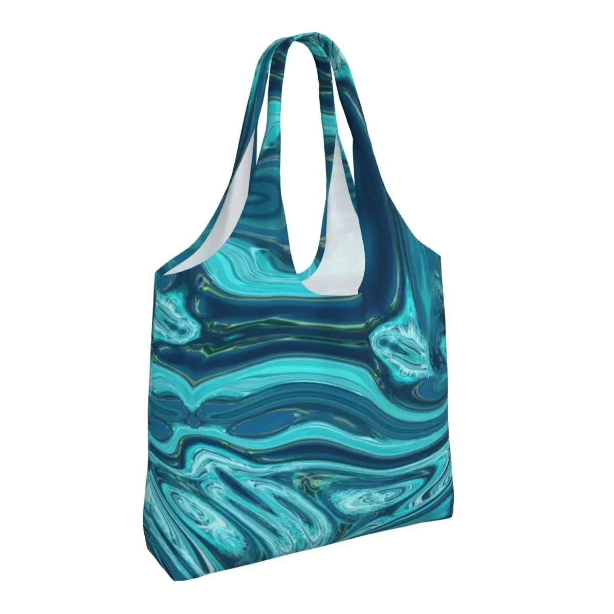 Custom Printing Abstract Blue Teal Marble Swirls Mid Century Modern Shopping Tote Bag Durable Canvas Shopper Shoulder Handbag