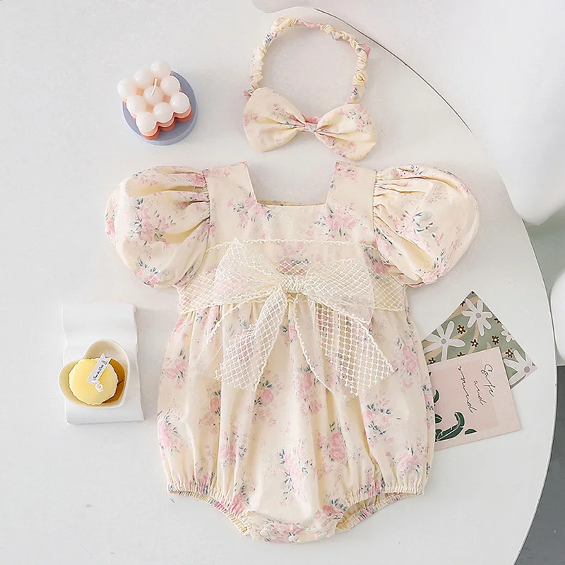 

Summer Children Clothing Newborn Baby Girls Romper+Hair band Short Sleeved Cotton Floral Printing Infant Baby Girls Jumpsuit