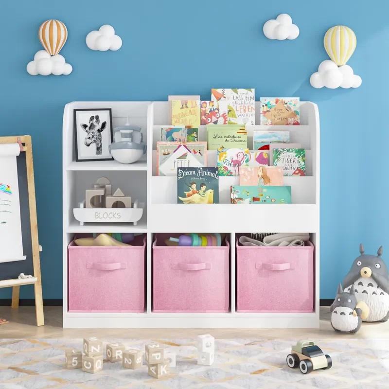 Children's bookcases and shelves, multi-function bookcases with 3 foldable cloth drawers, toy storage box