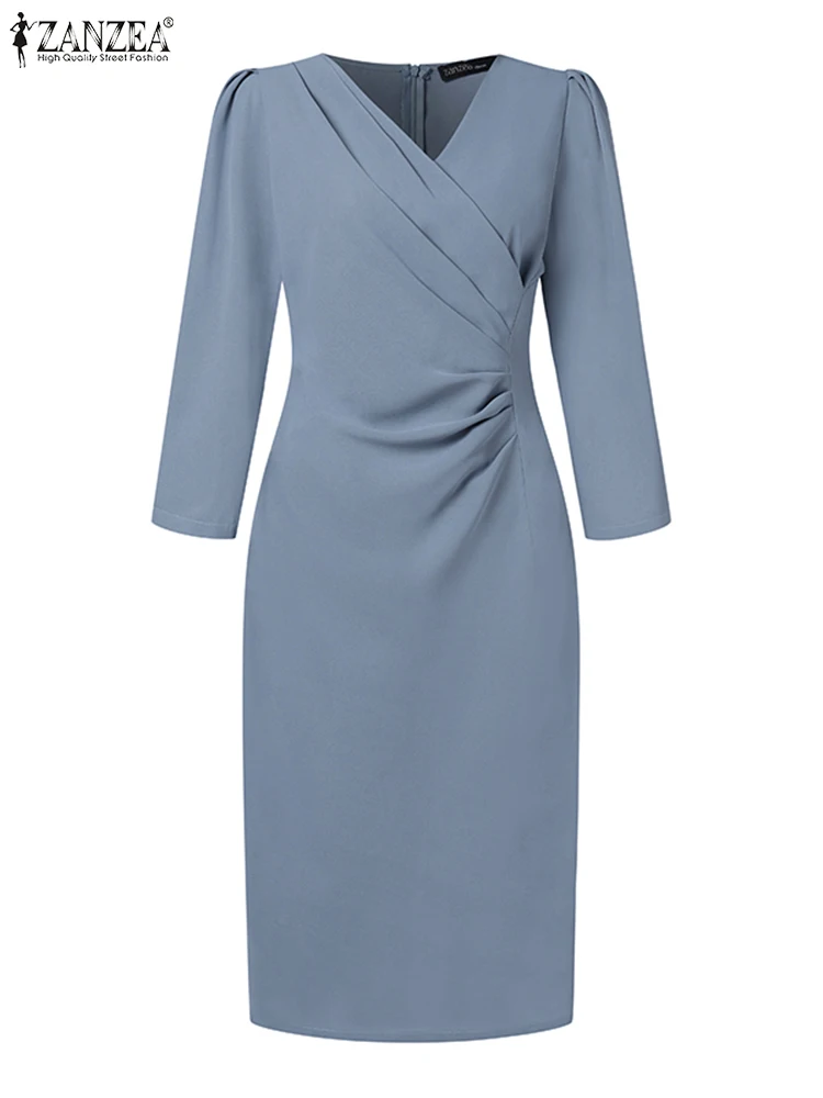 ZANZEA Women’s Sexy V-Neck Bodycon Party Dress, Ruched Waist Knee Length Dress 3/4 Sleeve, Summer Elegant Office Work Robe Femme - Image 5