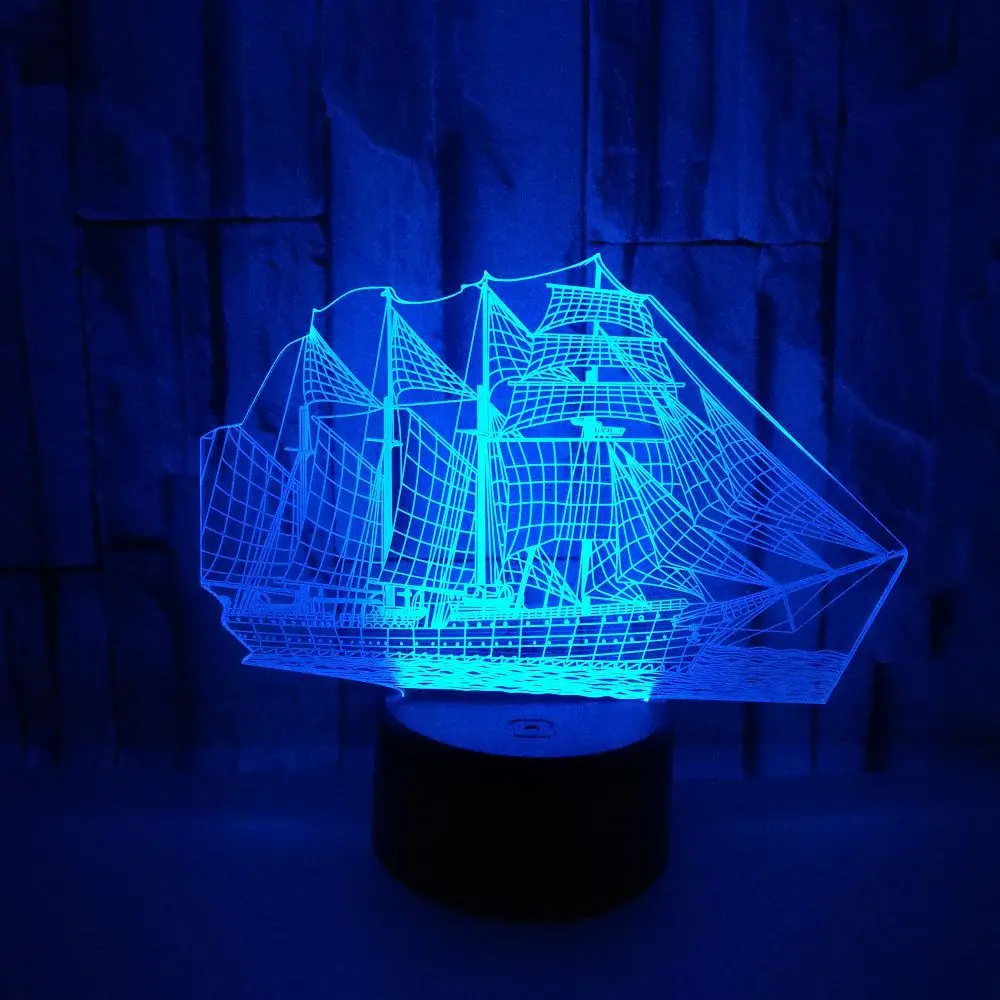 Retro Ancient Sailing Sea Boat Ship LED Lamp Chinese Style 7 Color Changing 3D Illusion Night Light USB Home Decor Kids Gift