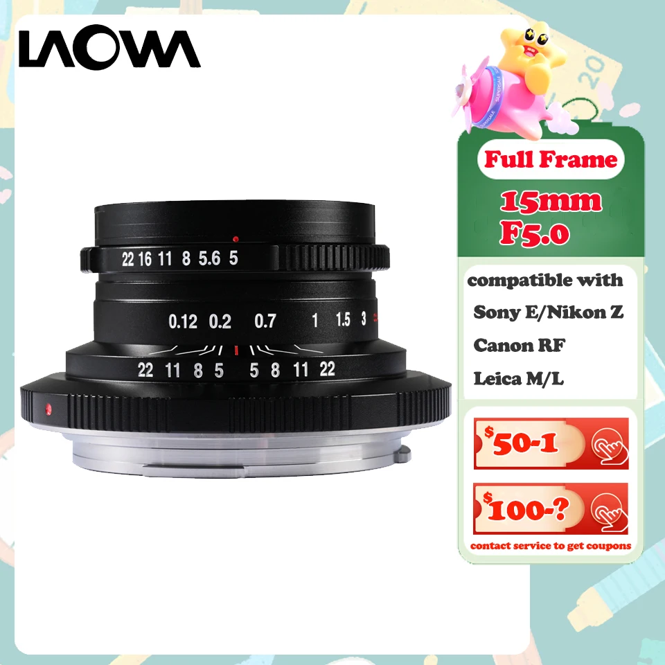 Laowa Venus Optics Full Frame 15mm F5.0 lente de galleta lente de enfoque Manual de ángulo ultraancho para Sony A7S Nikon Z50 Canon R6 Leica M11