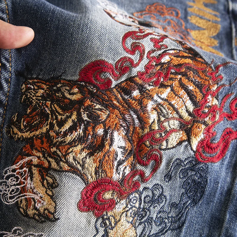 Tiger embroidery printed jeans for men, fashionable, high-end, trendy, personalized, slim fit, elastic denim pants
