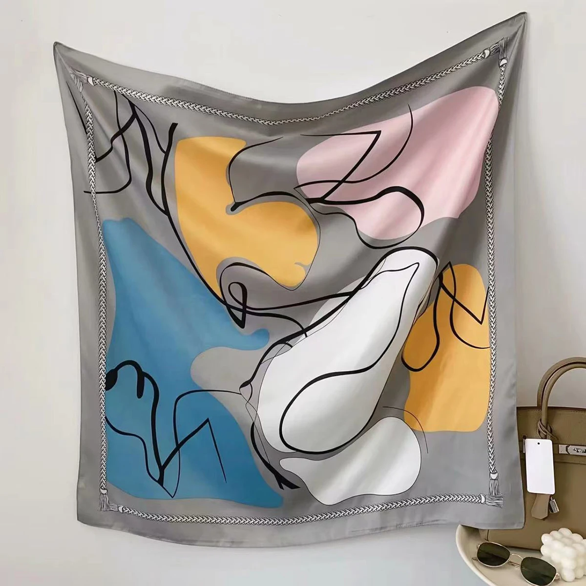 وشاح حريري مطبوع بكتل ملونة بسيطة ، وشاح متعدد الاستخدامات من نسيج التويل ، مظلة شمسية مربعة كبيرة ، هدية جمع الحجاب ، 90 + #4