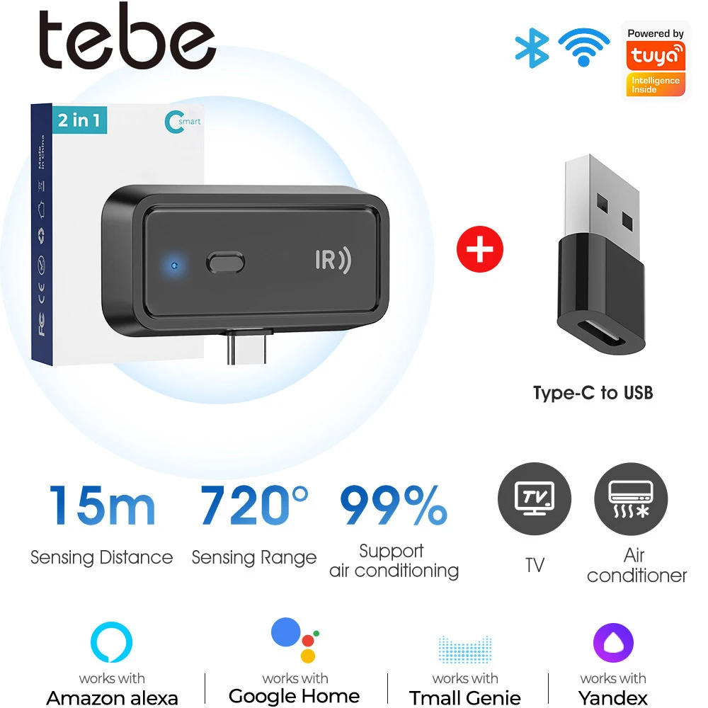 

Tebe Tuya WIFI Универсальный ИК-пульт дистанционного управления для AC TV Умный дом Type-c Plug Инфракрасный контроллер работает с Alexa Google Home