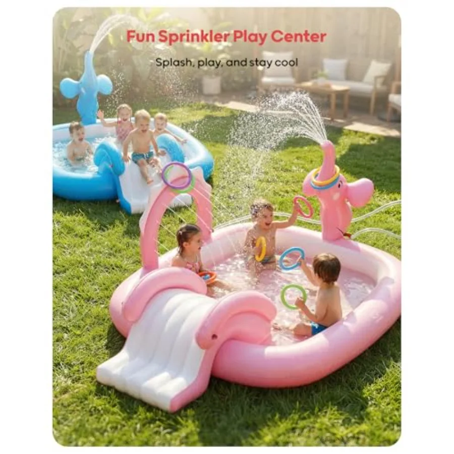 ' inflatable pool with slide and sprinkler for garden/backyard use, PVC material, blue and yellow, fast inflation and 4-ring pl