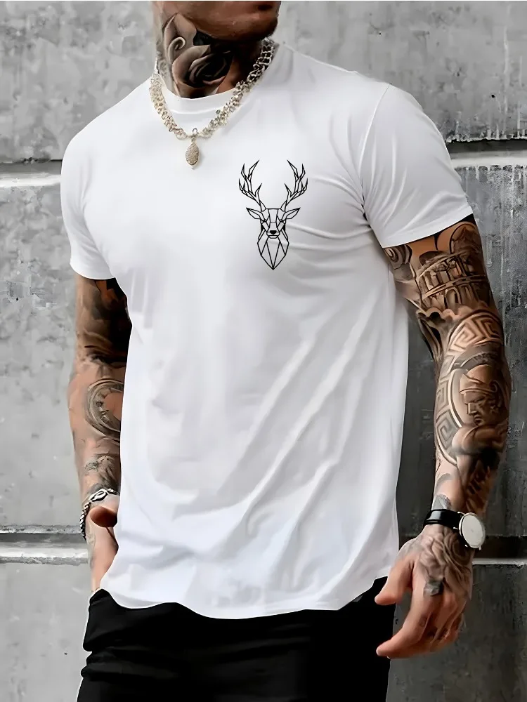 2026 Summer Best-selling Men's Pure Cotton T-shirt Street Casual Fashion Soft and Breathable Simple Deer Pattern Print