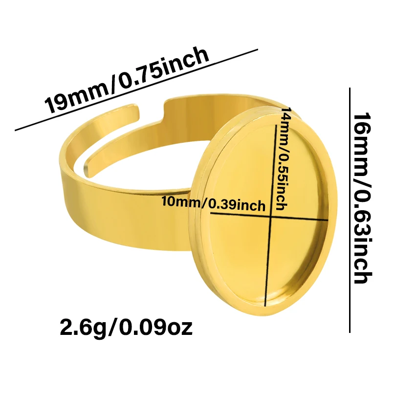 الذهب الحقيقي مطلي 10/12/16/20 مللي متر حلقة بيضاوية فارغة كابوشون قاعدة إعدادات لا تتلاشى الفولاذ المقاوم للصدأ خواتم للنساء الرجال صنع المجوهرات