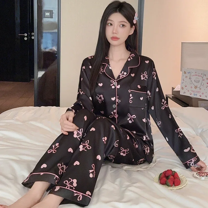 Spring and Fall Women's Black Pajamas Set Love Bow Print Long Sleeved Home Suit Imitating Silk Sleepwear Student Nightwear
