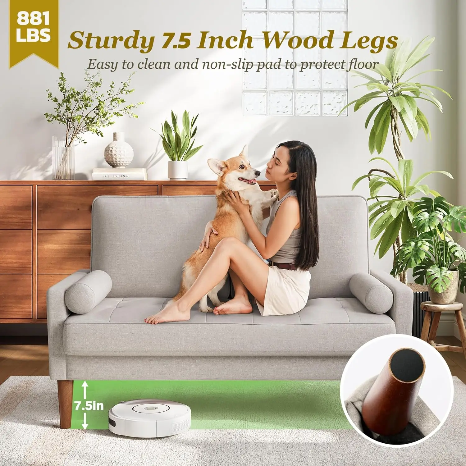 Sofa with Solid Wood Legs, 48" Small Couches for Small Spaces, Love Seat for Living Room, Bedroom, Easy Assembly Mid Century