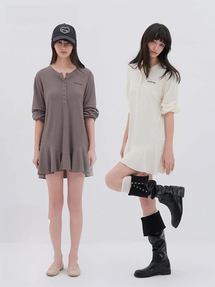 

Moonmoi Lightweight Bare Sensation Modal Casual Loose Long Sve Dr Henry Collar A-Line Skirt for Ladies Comfortable Fit
