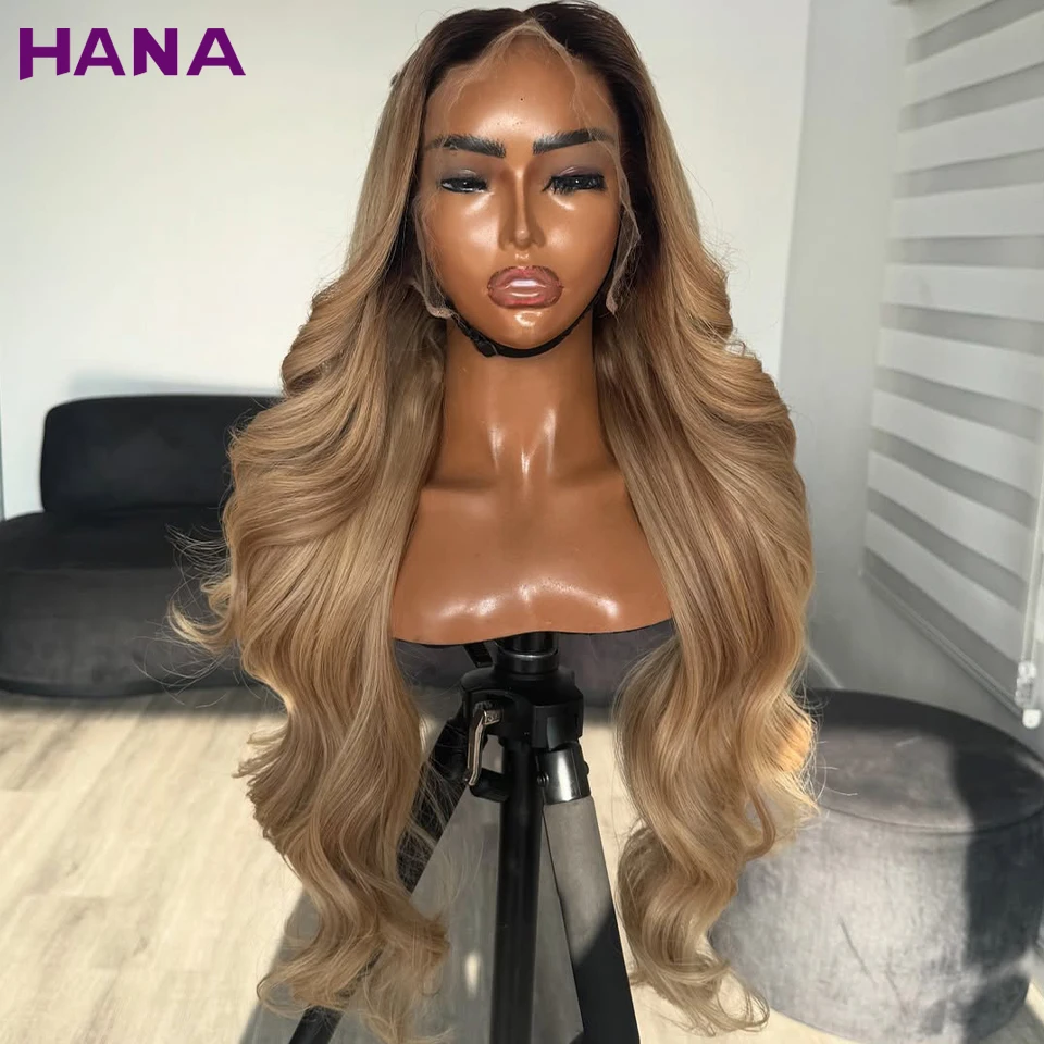 

Ombre Milk Tea Blonde Color With Short Root Body Wave 13x6 Lace Frontal Wig PrePlucked 5x7 Lace Closure Human Hair Wig For Women