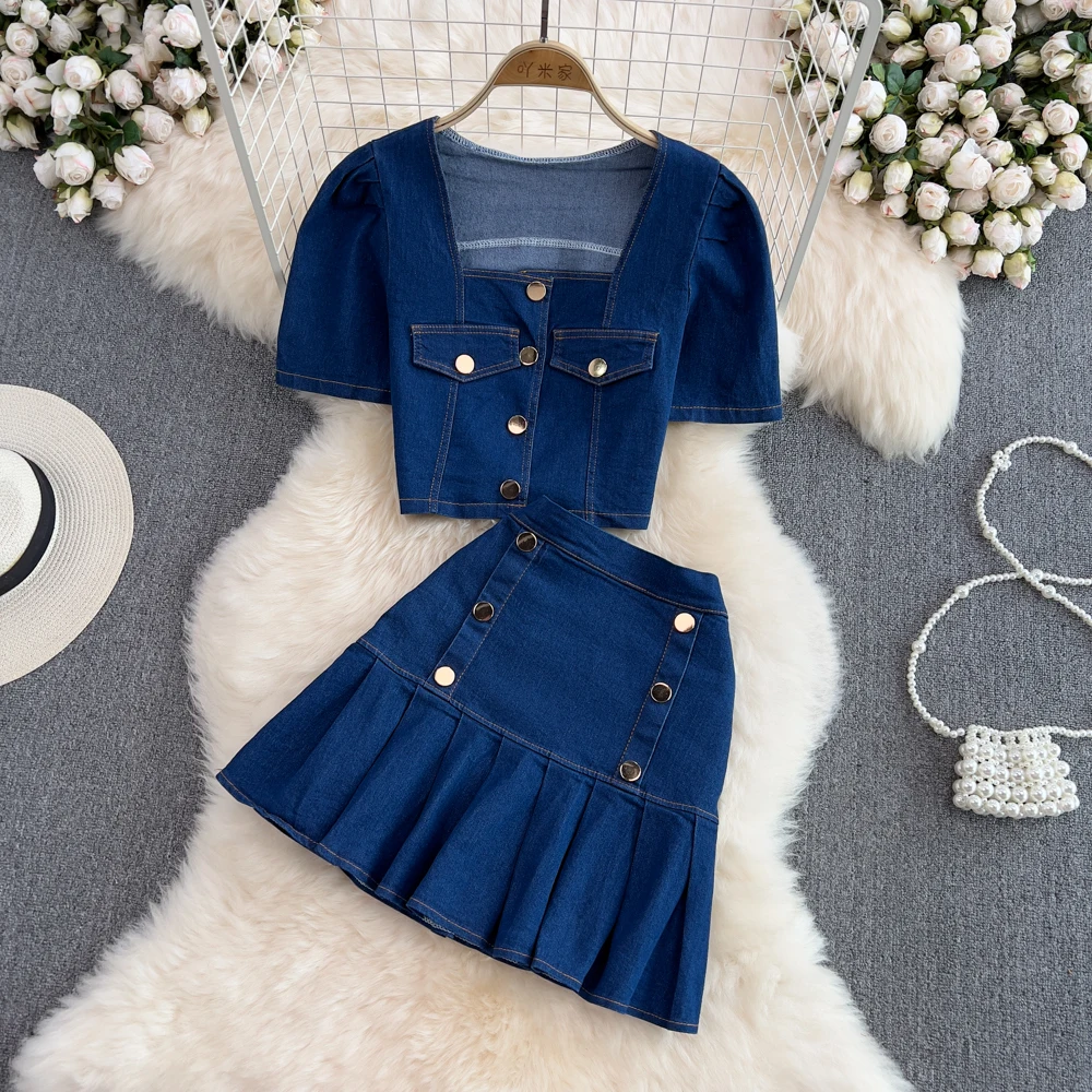 Women\'s Set Jeans 2 Pieces Suits Woman Matching Sets Buttons Jumpers Mini Skirt Short Sleeve Female Clothes Costumes