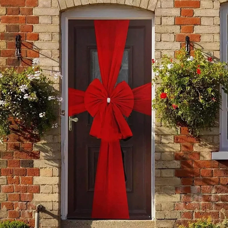 Perapian pohon Natal pita merah ekstra besar dekorasi pintu depan rumah pita ornamen gantung karangan bunga benang Organza lapisan ganda