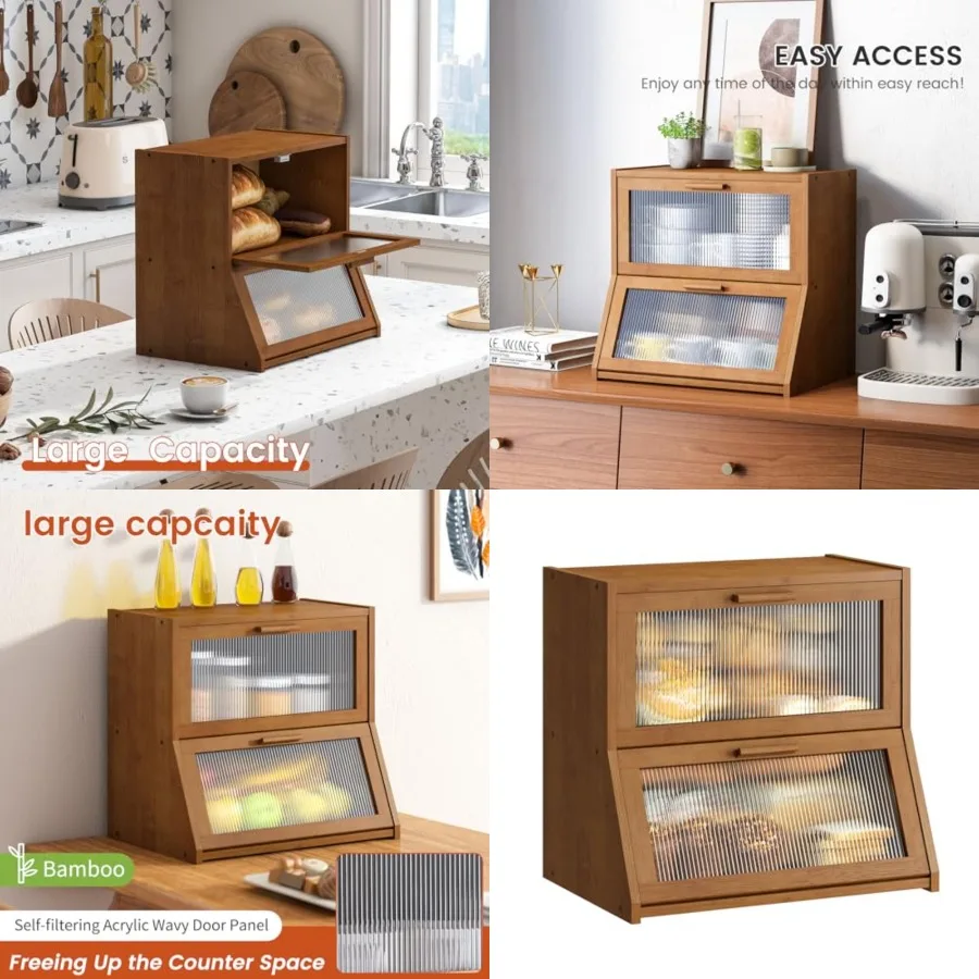 

Double Layer Bamboo Bread Box for Kitchen Counter, Large Capacity Bread Storage Bin, Bread Container with Acrylic Wavy Door Pan