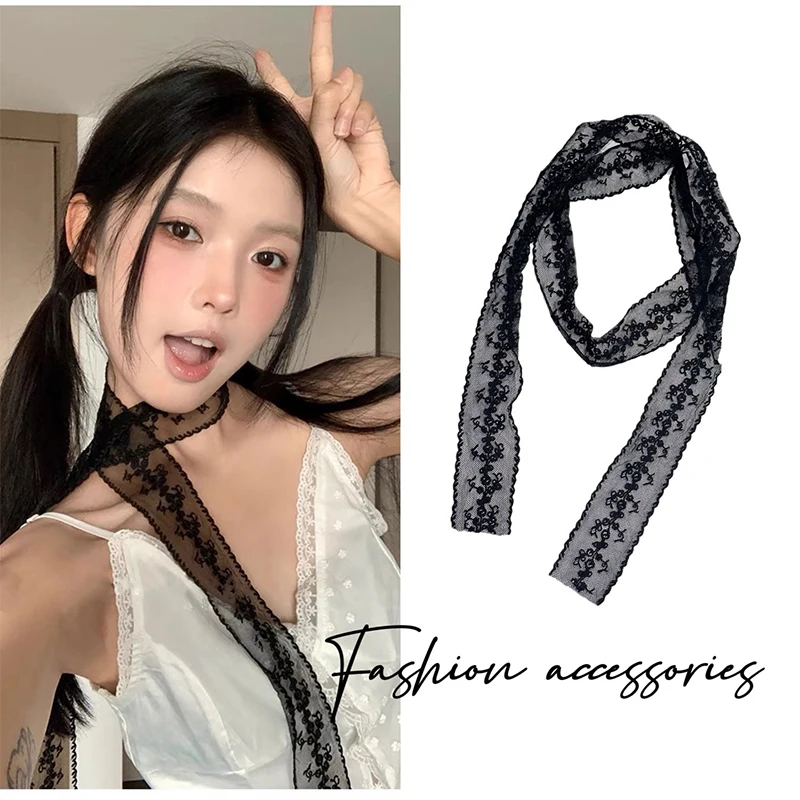 1PCS Korean Style Sweet Flower Lace Neck Strap Dressing Decoration Hair Band Neckerchief Transparent Long Ribbon Head Scarf