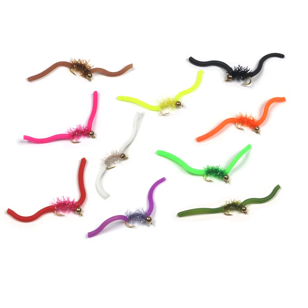 6 Stück UV San Juan Wurm Fliegen mit Messingperlenkopf, Squirmy Worm Nymphenfliegen, Regenwurmfliegen für Forellen-, Barsch- und Karpfenangeln, Fliegenköder – Detail 7