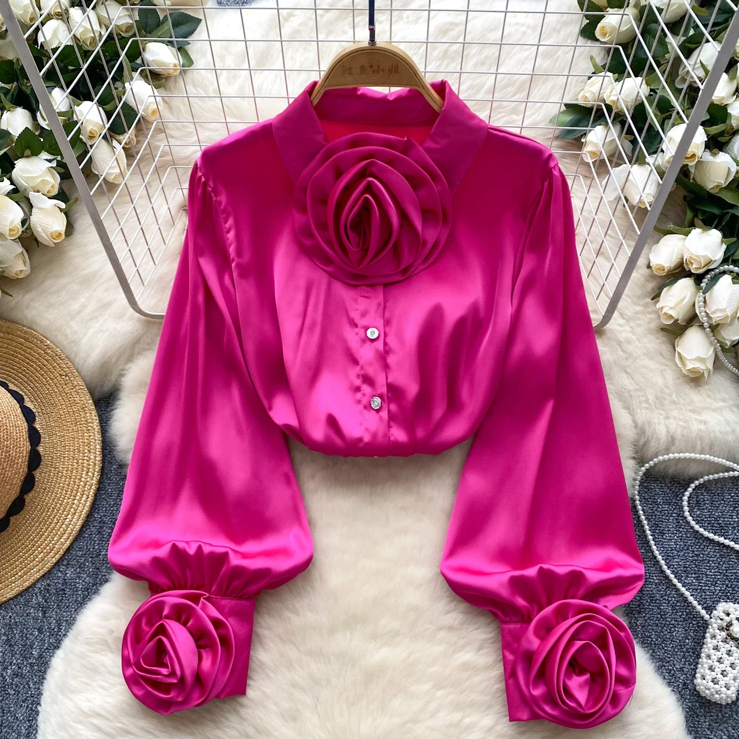 2024 Women Three-dimensional Flower Korean Version Blouse Turn Down Collar Long Sleeved Loose Shirts Winter Tops Clothing