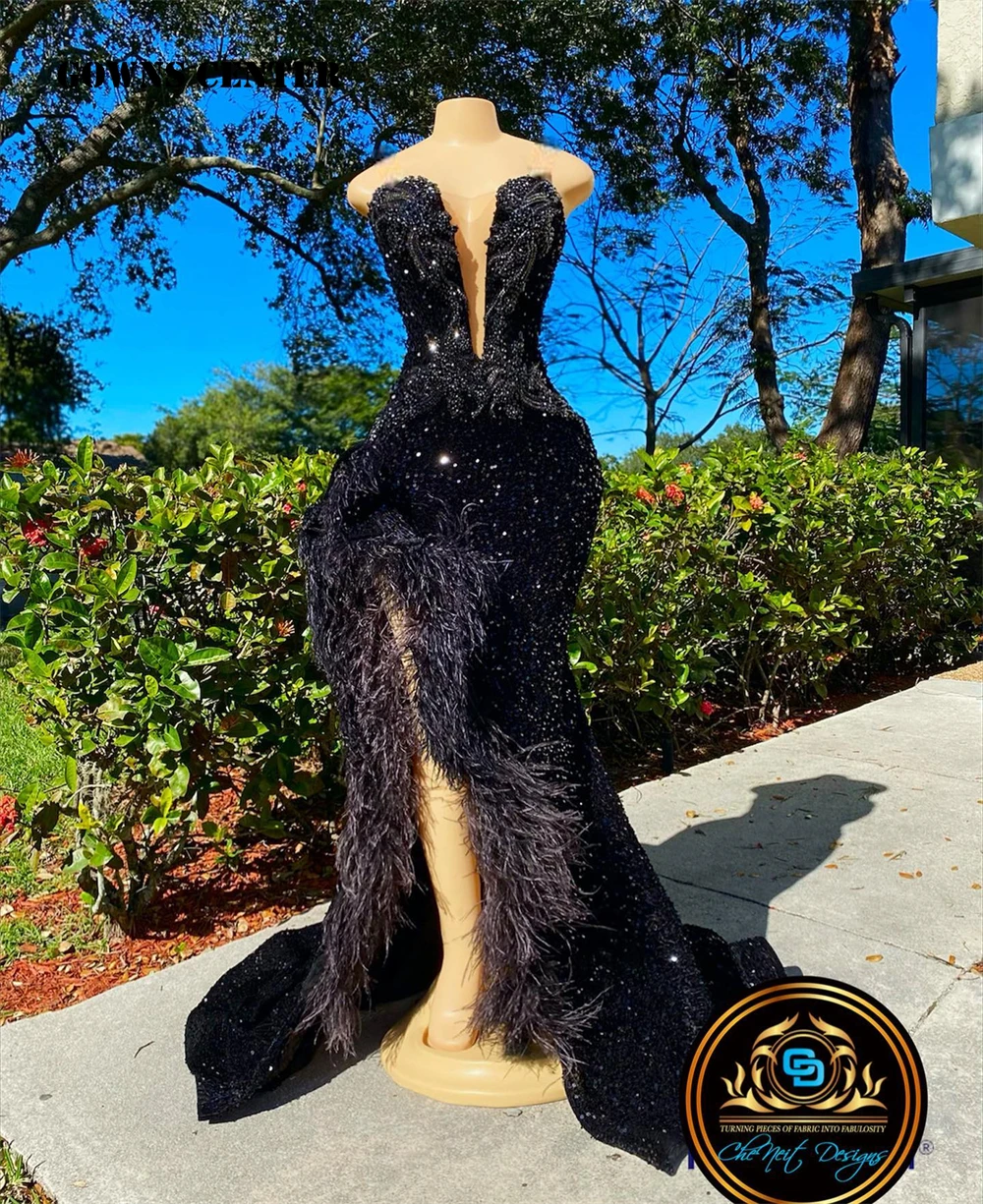 Luxe plumes noires paillettes limon sirène robes de bal Halloween robe élégante pour la fête de mariage perlée robes de soirée personnalisé