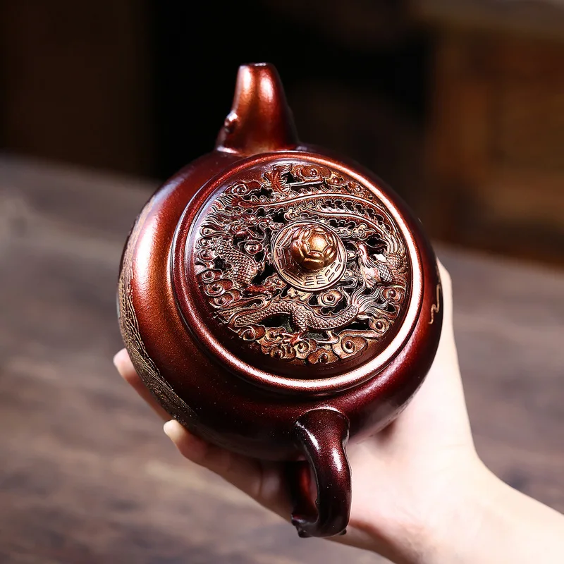 Yixing Zisha Teapot Handmade Dragon Phoenix Carving Purple Clay Teapot Kung Fu Tea Set Chinese Teaware Gift
