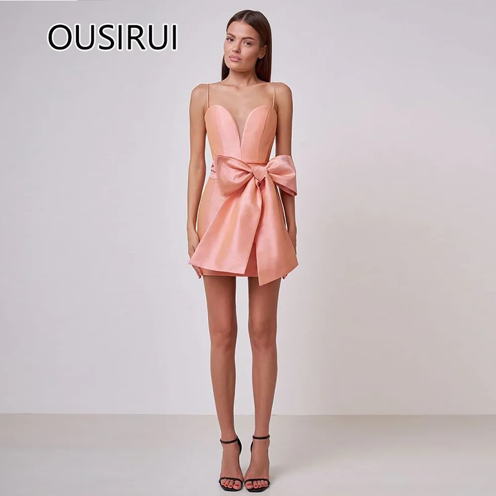 

Elegant Strapless Satin Formal Evening Party Dress for Girls Short Mini Backless Bridesmaid Gown with Bow vestidos de novia