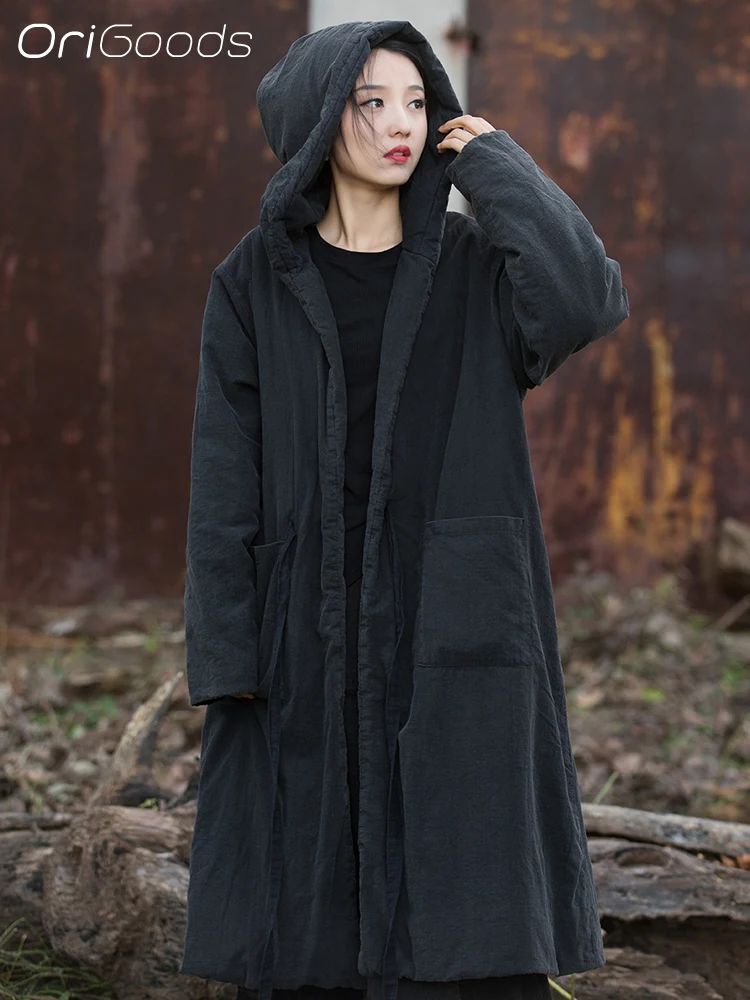 OriGoods Solid Black Long Hooded Coat Winter Thick Warm Padded Coat Women Long Witch Parka Coat Original Mori girl style B199