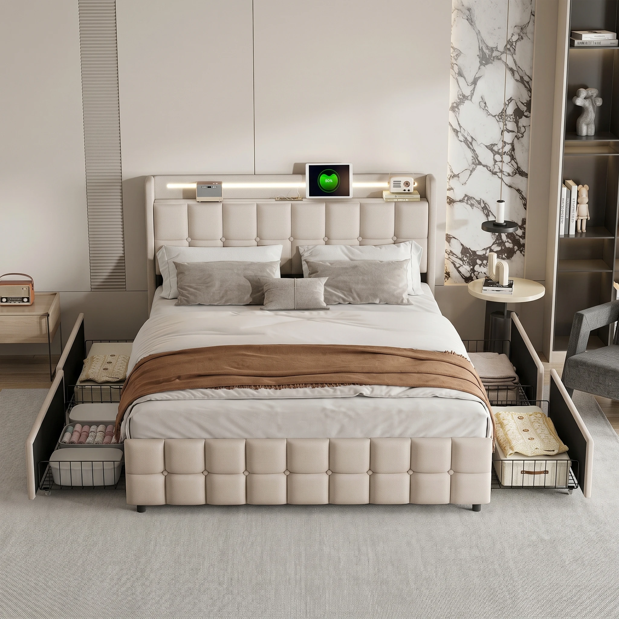 Base de Cama Moderna Anajqaqia Tapizada con Cajones de Almacenamiento, Incluye Tira de Luz LED y Puerto de Carga