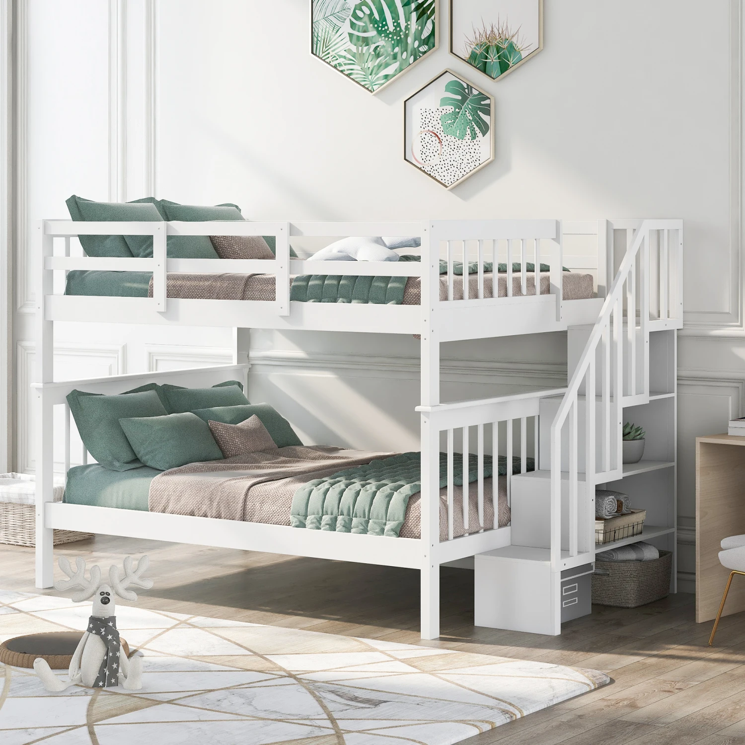 Stairway Full-Over-Full Bunk Bed with Storage and Guard Rail for Bedroom, Dorm, White color(OLD SKU  LP001110AAK)