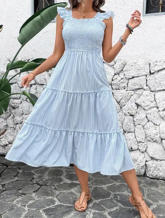 

2026 Summer Women's Open Back Skirt Holiday Striped Ruffle Strap Dress