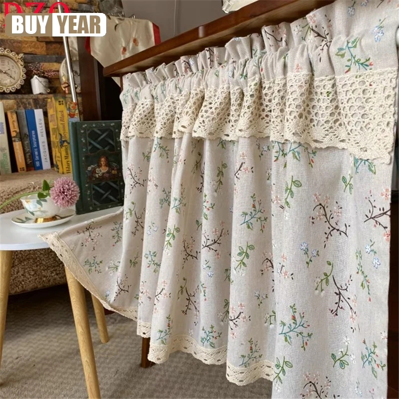 

140*150 American Style Retro Idyllic Linen Curtains For Kitchen Lace Handmade Beige Curtains For Living Room Bedroom #A031
