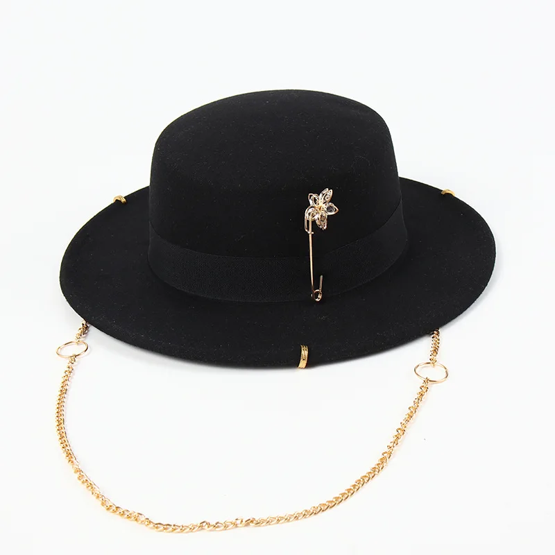 European and American winter women\'s felt hat French small fragrant style flat top hat British retro flower pin chain jazz hat