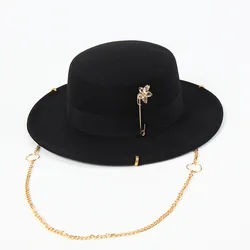 European and American winter women's felt hat French small fragrant style flat top hat British retro flower pin chain jazz hat