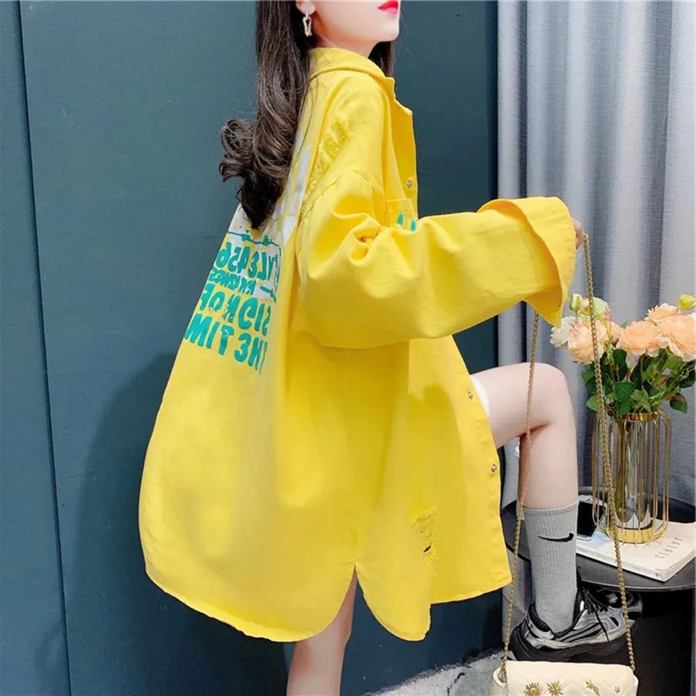 Autumn Denim Shirt Jacket Women Retro Korean Loose Letter Print Long Irregular Bottom Hole Blouses Female Casual Long Shirt Coat