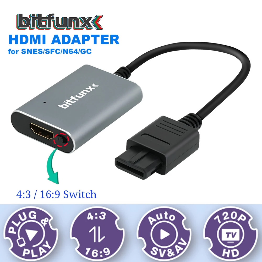 Bitfunx-Adaptateur Svideo / AV vers HDMI 720P, convertisseur vidéo HD pour N64/SDavid/SNES/délibérément, support de cube NTSC/PAL, console de jeu rétro