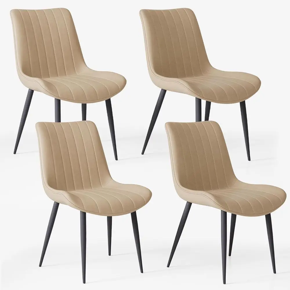 

Set of 4 Upholstered Dining Chairs with Cushions, Black Metal Legs, Khaki Color for Kitchen & Dining Rooms
