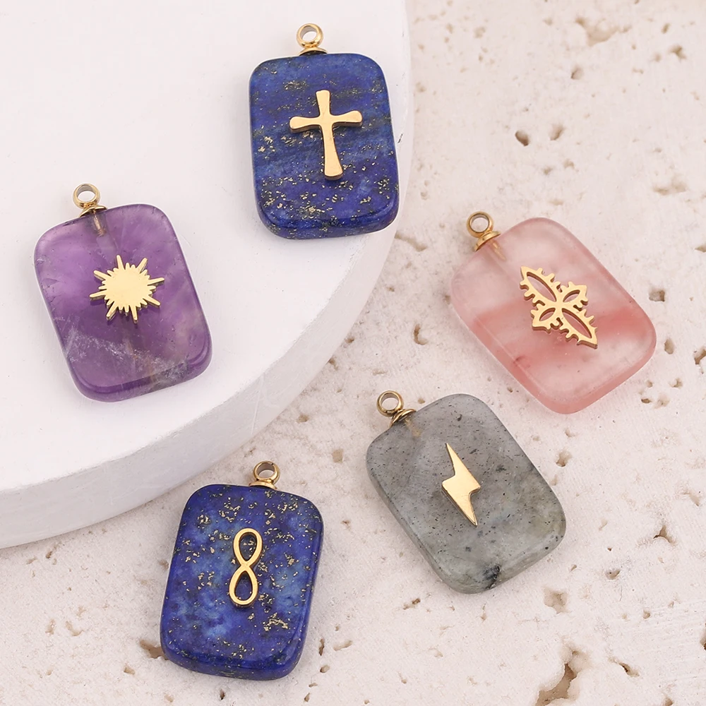 5pcs 12.5*17mm Natural Stone Stainless Steel Square Charms Quartz Cross Pendants DIY Earring Necklaces Jewelry Making Wholesale - Image 3