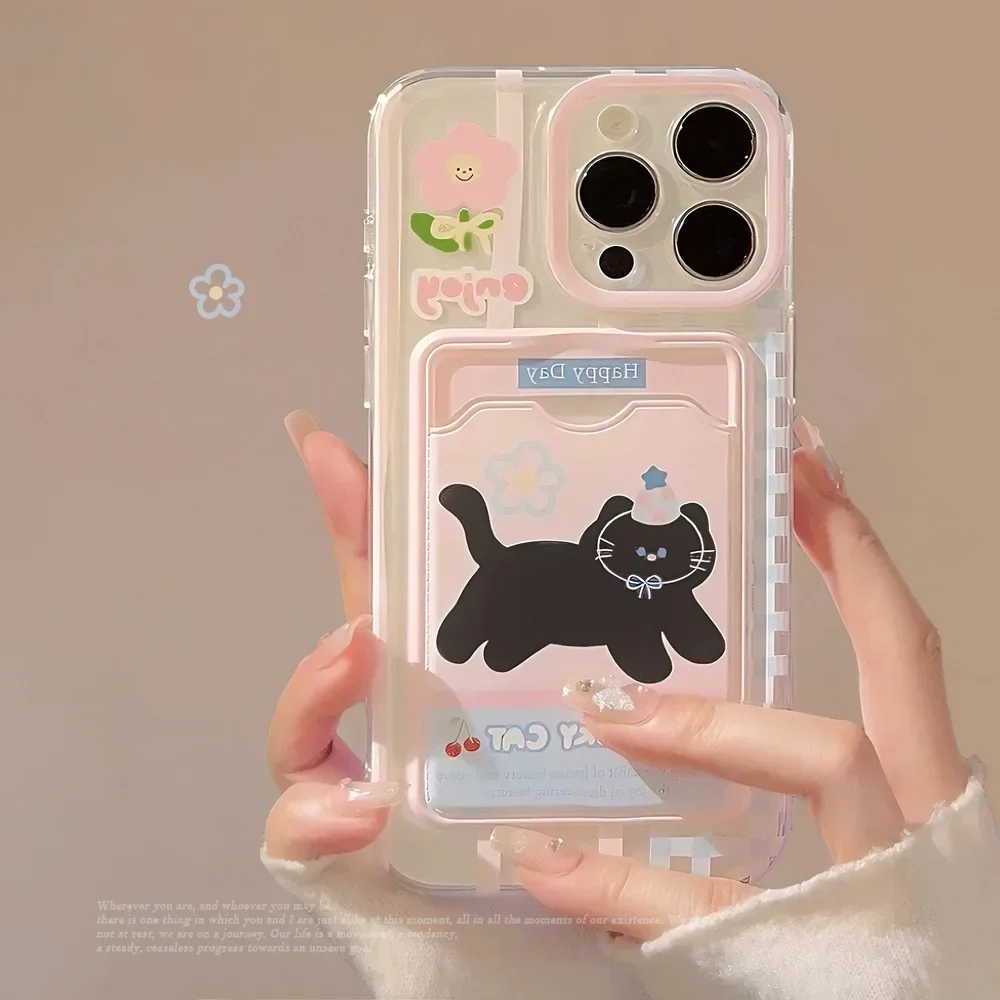 Cherry Party Black Cat Photo card holder Clear Phone Case For iPhone 16 15 14 13 12 11 Pro Max Xr 16Plus Case Cute Cartoon Cover